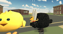 a yellow chicken is standing next to a black chicken with a knife in its mouth