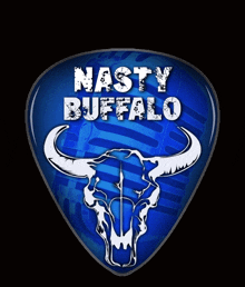 a blue guitar pick with a bull skull and the words nasty buffalo on it