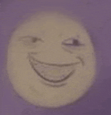 a close up of a cartoon face with a smiley face on a purple background .