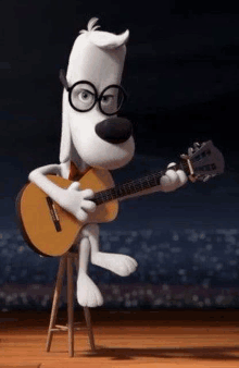 a dog is sitting on a stool playing a guitar .