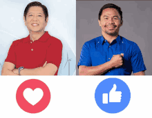 a man in a red shirt is next to a man in a blue shirt with a thumbs up icon