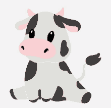 a black and white cow with a pink nose is sitting down on a white background