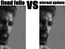 a black and white photo of a man with the words fiend folio vs eternal update below it