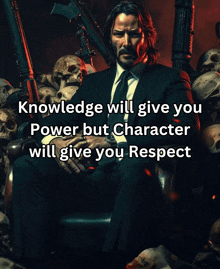 a man in a suit and tie is sitting in front of a pile of skulls with a quote about knowledge