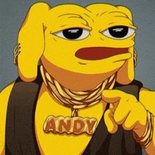 a yellow cartoon character wearing a necklace with the name andy on it