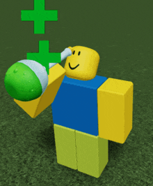 a roblox character holds a green plus sign over his head