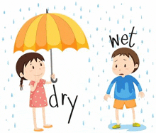 a girl is holding an umbrella and a boy is holding a wet umbrella in the rain .