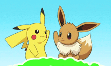 a pikachu and eevee are standing next to each other on a green hill