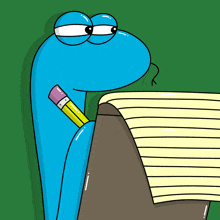 a cartoon of a blue monster with a pencil in its mouth