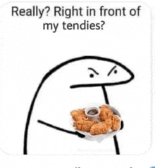 a cartoon character is holding a plate of fried chicken nuggets with sauce .