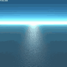 a computer generated image of a large body of water with the sun shining on it