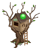 a cartoon drawing of a tree house with a sign that says " music " on it