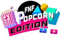 a fnf popcorn edition logo with a striped bucket of popcorn