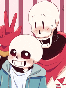 a drawing of two skeletons one of which is giving a peace sign and the other is smiling