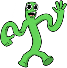 a cartoon drawing of a green monster with big eyes and arms