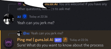 a screenshot of a conversation between az and guns.lol ai bot