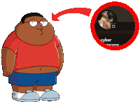 a cartoon character with a red arrow pointing to a picture of a man with tattoos and the name cyber