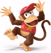 a cartoon monkey wearing a red hat with nintendo on it