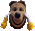 a pixel art of a dog 's face with yellow gloves .