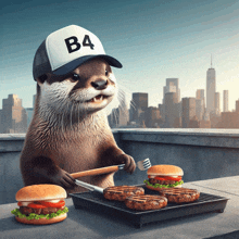 an otter wearing a hat that says b4 is grilling burgers