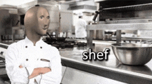 a chef is standing in a kitchen with his arms crossed and the word chef written on the counter