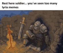 a pixel art of a soldier sitting in a cave with a sword .