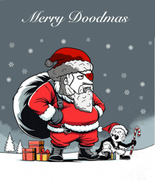 a christmas card that says merry doodmas with santa claus