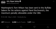 washington 's tom wilson has been sent to the buffalo sabers for his actions