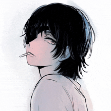 a drawing of a boy with black hair and a cigarette in his mouth