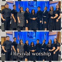 a group of people are posing for a picture with the words revival worship written below them