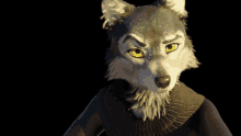 a cartoon wolf with yellow eyes and a sweater on