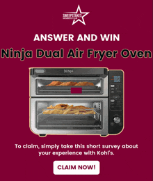 a ninja dual air fryer oven is advertised on a red background