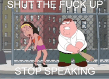 a cartoon of peter griffin holding a bat while a woman stands behind him