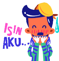 a cartoon illustration of a man with headphones on his neck and the words " isin aku " above him