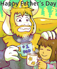 a happy father 's day greeting card with a cartoon character holding a mug that says " # 1 dad "