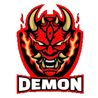 a red demon with horns is surrounded by flames and the word demon