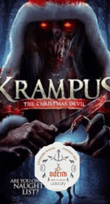 a poster for krampus the christmas devil shows a devil with red eyes