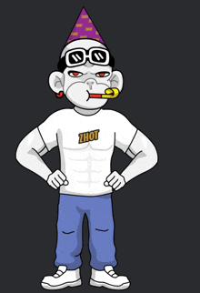 a cartoon monkey wearing a party hat and a shirt that says zhot