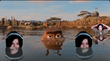 a cartoon character is standing in a body of water surrounded by two women