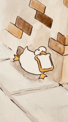 a duck is holding a piece of bread in its mouth