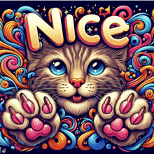 a colorful illustration of a cat with the word nice written above it