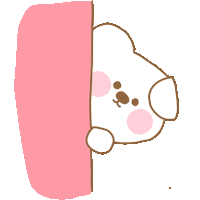 a cartoon drawing of a bear peeking out from behind a pink curtain