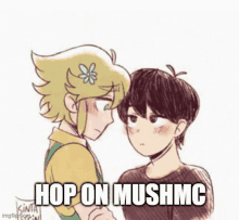 a drawing of two anime characters looking at each other with the words `` hop on mushmc '' .