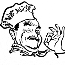 a black and white drawing of a chef with a mustache giving an ok sign .