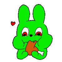 a green cartoon rabbit is eating a piece of food