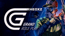 a poster for rheoxz grand role play with a man holding a gun