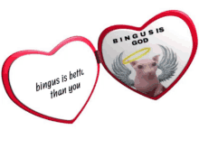 a heart shaped mirror that says bingus is god on it