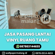 a advertisement for wallpaper malang shows two men working on a floor