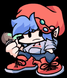 a cartoon character with blue hair and a red hat is holding a brush