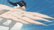 a bleach character is flying through the air with his wings spread out .